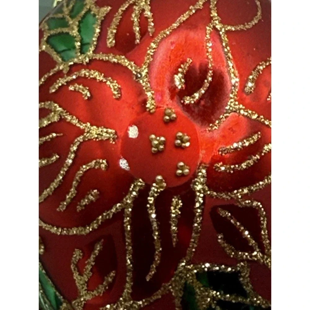 Dept‎ 56 Hand Crafted Glass Egg Ornament RED poinsettia Gold Glitter